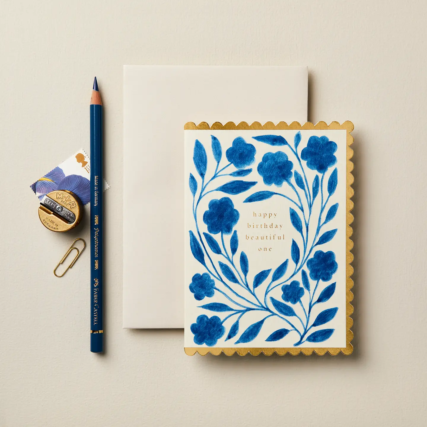 Blue and cream floral birthday card with gold foil scalloped edges